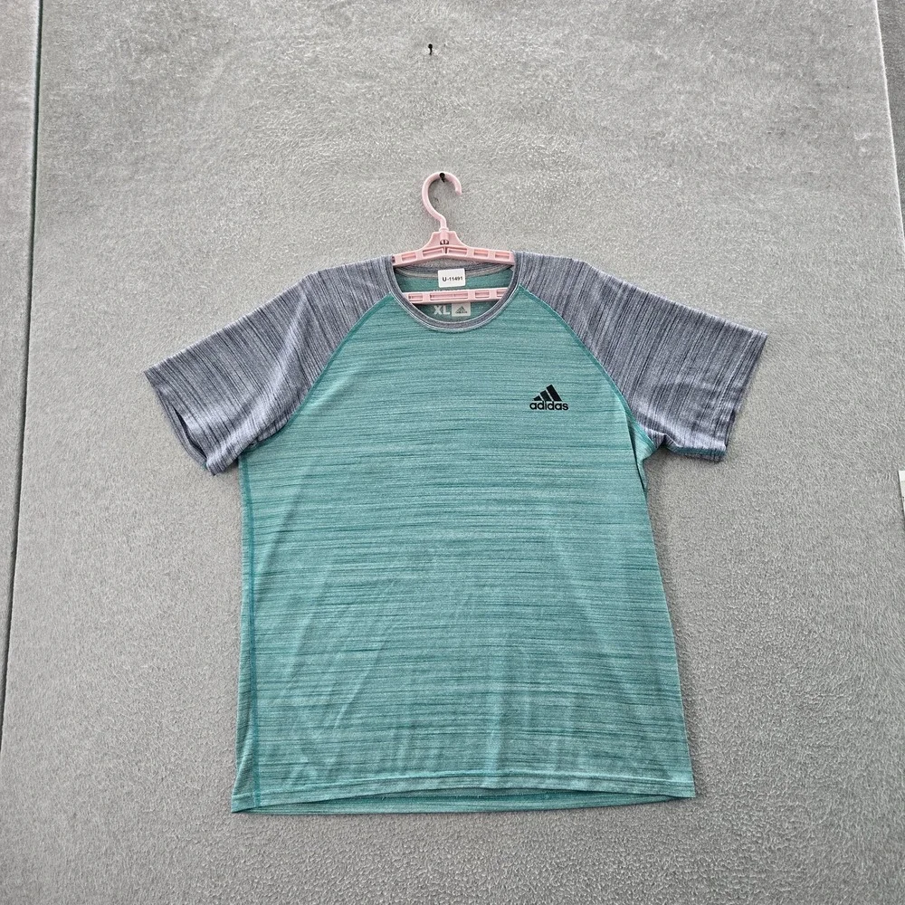 Adidas Men Shirt XL Teal Striped Ultimate Tee Activewear Raglan Short Sleeve